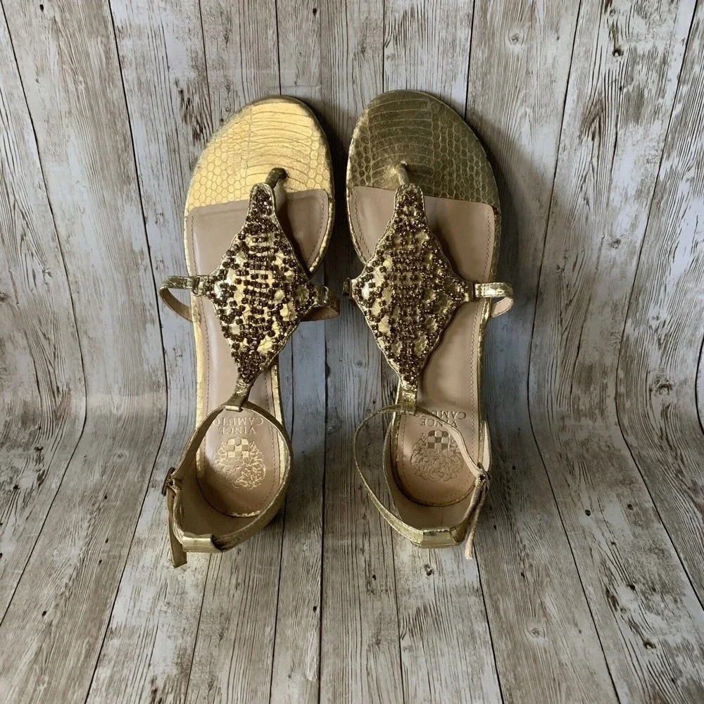 Vince‎ Camuto Valeen Women's Gold Jeweled Thong Ankle Strap Size 9m Sandals